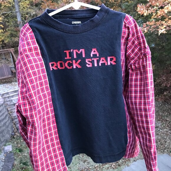 Upcycled Boy’s Plaid Tee: Rock Star Graphic T-Shirt w/Long Sleeves, Size 6-10 - Picture 7 of 8